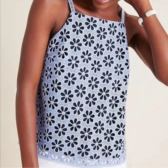 Anthropologie Maeve Crochet Daisy Eyelet Tank Top Blue Size 14 - Picture 1 of 9